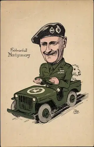 Künstler Ak Generalfeldmarschall Bernard Montgomery im Auto, Karikatur