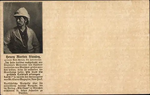 Ak Henry Morton Stanley, Journalist und Afrika-Forscher, Portrait, Lebensgeschichte