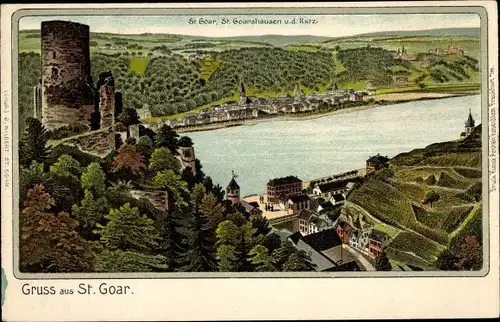 Litho St. Goar im Rhein Hunsrück Kreis, Blick auf den Ort, St. Goarshausen, Burg Katz