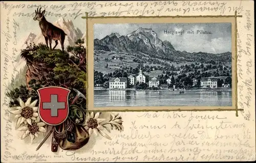 Präge Wappen Litho Hergiswil Kt Nidwalden, Stadtansicht, Pilatus, Edelweiß, Gemse