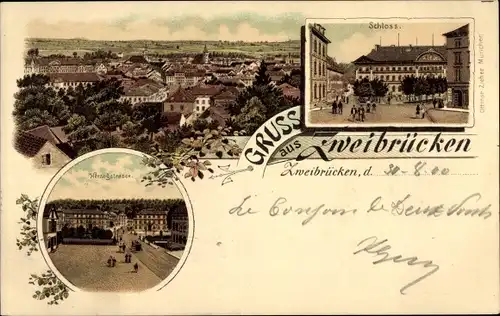 Litho Zweibrücken in der Pfalz, Gesamtansicht, Schloss, Herzogstraße