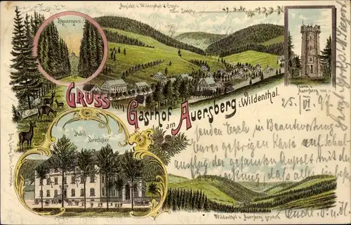 Litho Wildenthal Eibenstock im Erzgebirge, Zigeunergrund, Hotel Drechsler, Turm v. Auersberg