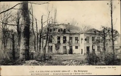 Ak Elverdinghe Elverdinge Westflandern Belgien, Bombardement de l'Ecole des Filles, 1. Weltkrieg