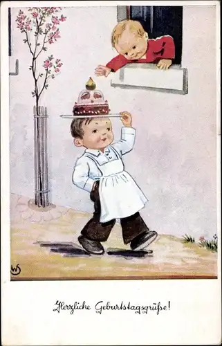 Künstler Ak Scheuermann, Willi, Glückwunsch zum Geburtstag, Bäcker trägt Kuchen auf dem Kopf
