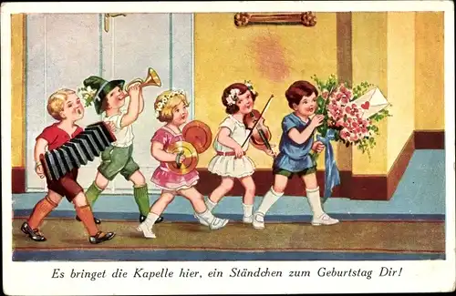 Künstler Ak Scheuermann, Willi, Glückwunsch zum Geburtstag, musizierende Kinder, Blumenstrauß