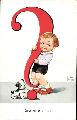 Künstler Ak Wills, John, Junge mit Fragezeichen, Hund