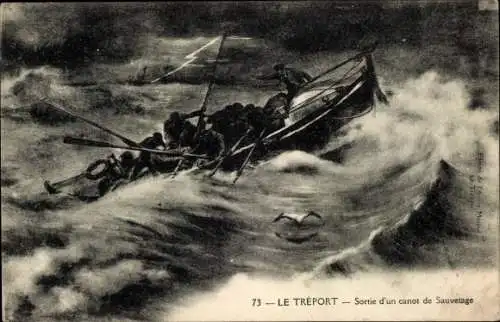 Ak Le Tréport Seine Maritime, Ausfahrt eines Rettungsbootes, Sturm