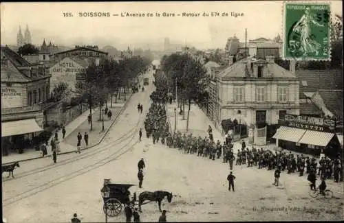 Ak Soissons-Aisne, Avenue de la Gare, Rückfahrt ab der 67. Linie