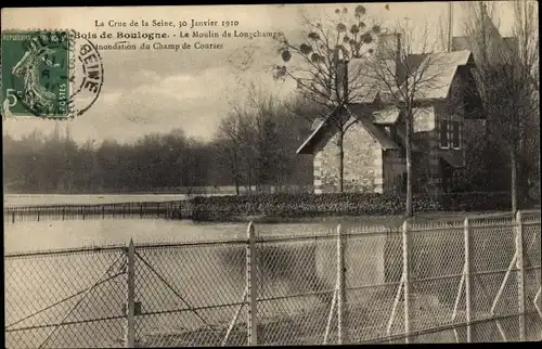 Ak Paris 16. Jahrhundert, Bois de Boulogne, Moulin de Longchamp, Seineflut 1910