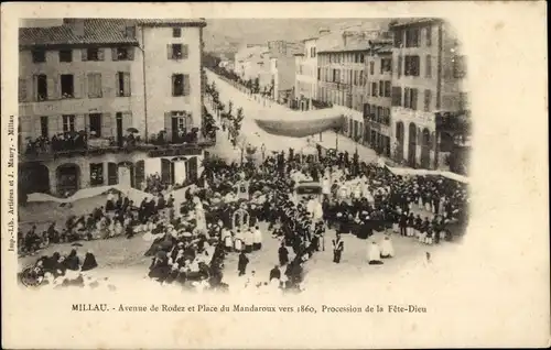Ak Millau Aveyron, Avenue de Rodez und Place du Mandaroux um 1860, Prozession