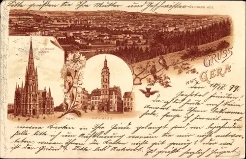 Mondschein Litho Gera in Thüringen, St Johannis Kirche, Rathaus, Panorama vom Weinberg aus