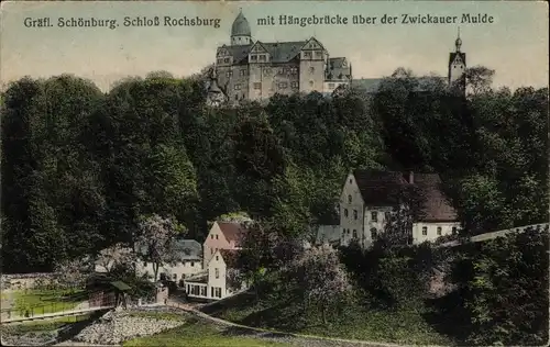 Ak Rochsburg Lunzenau in Sachsen, Gräfl. Schönburgsches Schloss, Hängebrücke über der Mulde