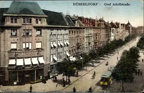 Ak Düsseldorf am Rhein, Graf Adolf Straße, Café Corso, Straßenbahn