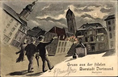 Ak Dortmund im Ruhrgebiet, Bierstadt, Marktplatz, Mondschein