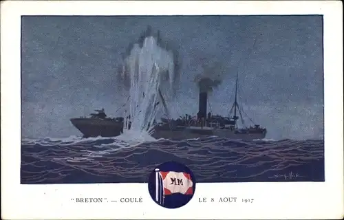 Künstler Ak Dampfschiff Breton, Messageries Maritimes, MM, unter Beschuss 1917