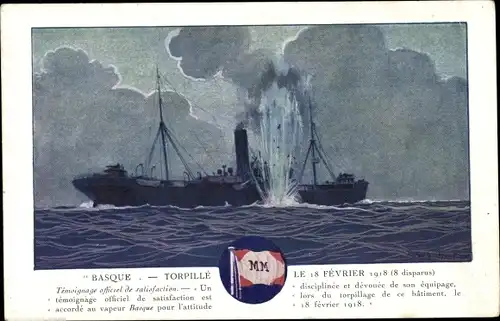 Künstler Ak Dampfschiff Basque, Messageries Maritimes, unter Beschuss 1918