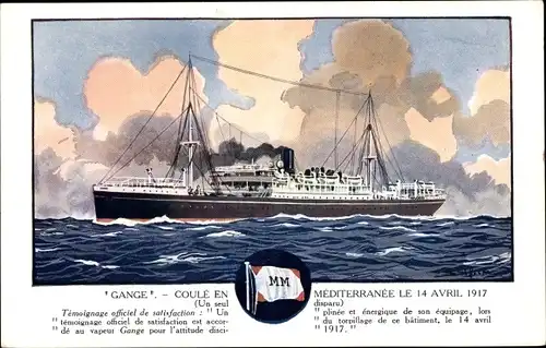 Künstler Ak Dampfschiff Gange, Messageries Maritimes, MM