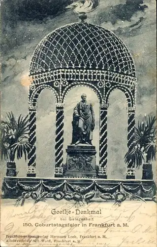 Mondschein Ak Frankfurt am Main, Goethe-Denkmal, 150. Geburtstagsfeier