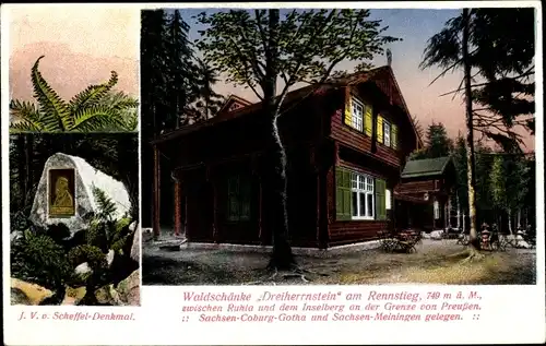 Ak Brotterode in Thüringen, Waldschänke Dreiherrnstein am Rennsteig, Scheffel Denkmal