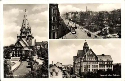 Ak Chemnitz in Sachsen, Rosenplatz, Lutherkirche, Bernsdorfer Schule