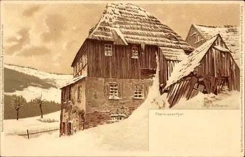 Künstler Litho Hoffmann, R., Oberwiesenthal im Erzgebirge Sachsen, Wohnhaus, Winterszene