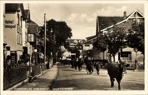 Ak Hahnenklee Bockswiese Goslar im Harz, Hauptstraße, Shell-Zapfsäule, Kühe, Hotel Monopol