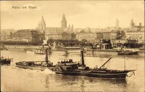 Ak Mainz am Rhein, Totalansicht, Raddampfer
