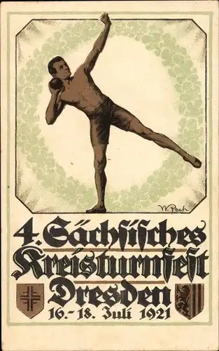 Künstler Ak Dresden, W. Pech, 4. Sächs. Kreisturnfest 1921, Festsportkarte Nr.1, Der Kugelstoßer