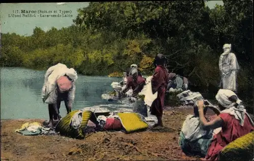 Ak Marokko, Scènes et Types, L'Oued Nefifick, Laveuses de Laine, Waschfrauen