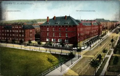 Ak Chemnitz Sachsen, Planitzstraße, Ulanenkaserne und Infanteriekaserne