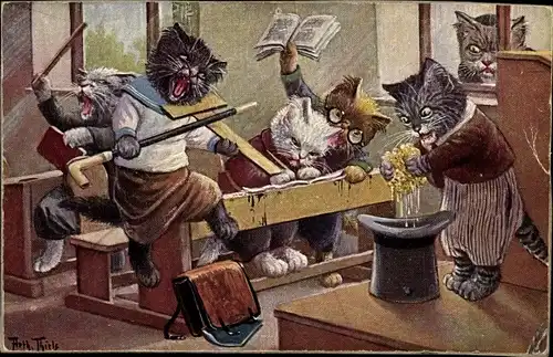 Künstler Ak Thiele, Arthur, vermenschlichte Katzen in der Schule