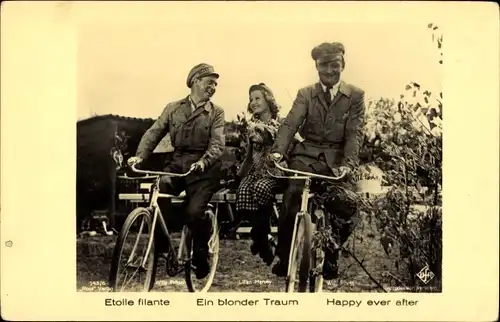Ak Schauspieler Willy Fritsch, Lilian Harvey, Willi Forst, Filmszene Ein blonder Traum, Fahrräder