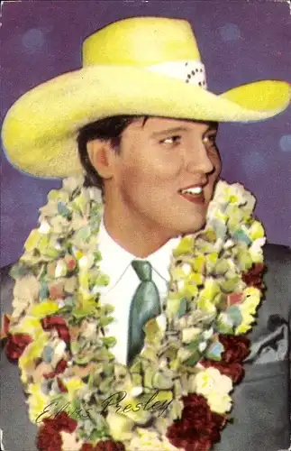 Ak Schauspieler und Sänger Elvis Presley, Portrait, Hut, Blumenkranz