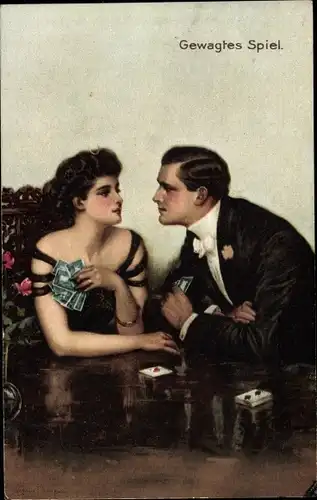 Künstler Litho Underwood, Clarence, Gewagtes Spiel, Liebespaar, Kartenspiel, Novitas 20393