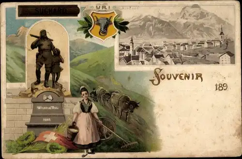 Litho Altdorf Kt. Uri, Tell Denkmal, Frau in Tracht, Stadtansicht, Reklame Suchard