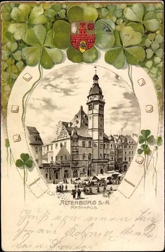 Präge Wappen Litho Altenburg in Thüringen, Blick auf das Rathaus, Hufeisen, Kleeblätter