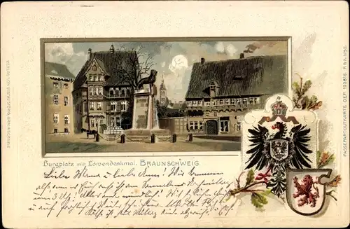 Präge Wappen Litho Braunschweig in Niedersachsen, Burgplatz mit Löwendenkmal