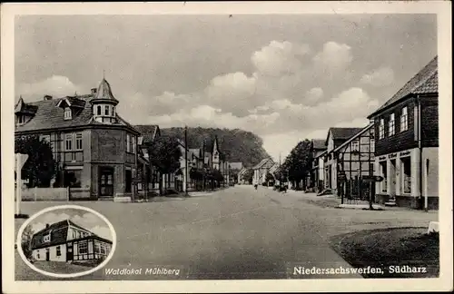 Ak Niedersachswerfen Harztor in Thüringen, Straßenpartie, Waldlokal Mühlberg