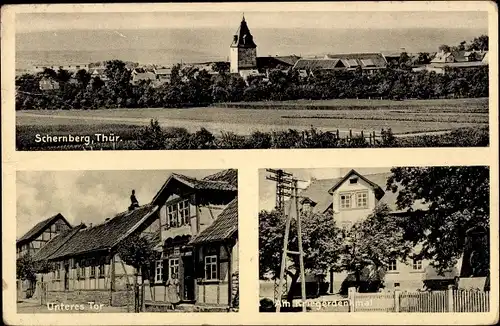 Ak Schernberg Sondershausen im Kyffhäuserkreis Thüringen, Totale, Unteres Tor, Kriegerdenkmal