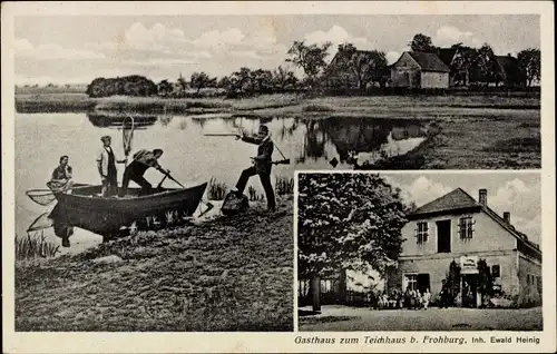 Ak Frohburg in Sachsen, Fischerboot am Ufer, Gasthof zum Teichhaus