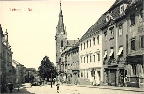 Ak Leisnig in Sachsen, W. Liske Modewaren, Kirche