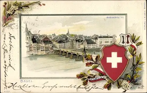 Präge Wappen Litho Bâle Basel Stadt Schweiz, Stadtansicht mit Rheinbrücke