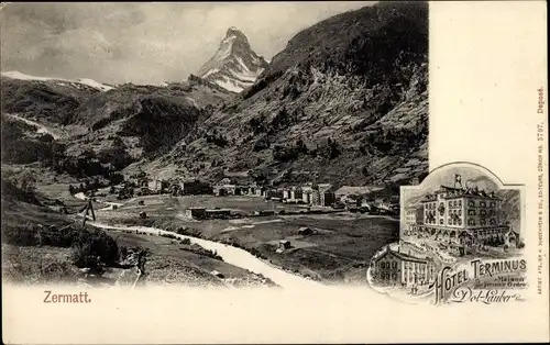 Ak Zermatt Kanton Wallis, Totalansicht, Hotel Terminus
