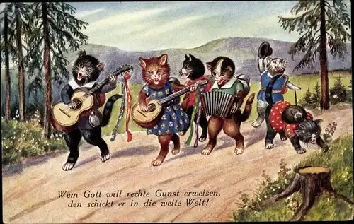 Künstler Ak Kaskeline, F., Katzen, Gitarre, Laute, Akkordeon, Wanderschaft