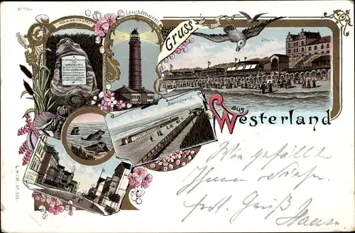 Litho Westerland auf Sylt, Leuchtturm, Strand, Gedenkstein, Seehunde