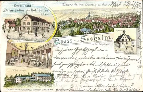 Litho Seeheim Jugenheim an der Bergstraße, Restaurant Darmstädter Hof, Fürstenlager, Rathaus