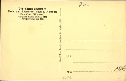 Ak Hamburg, Hotel Phönix, Kirchenallee, Jungfernstieg, Bes. Otto Glismann