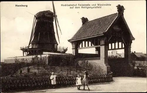 Ak Hamburg Mitte St Pauli, Heiligengeistfeld, Hochbahnhof Feldstraße, Windmühle