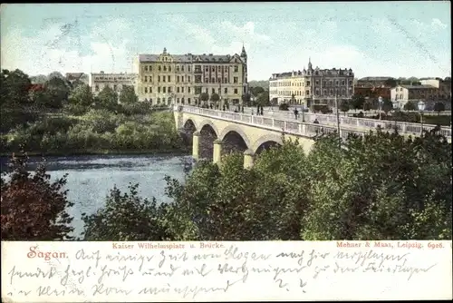 Ak Żagań Sagan Schlesien, Kaiser Wilhelms-Platz, Kaiser Wilhelm Brücke