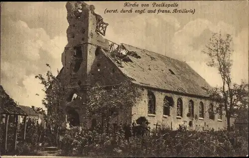 Ak Bikschote Langemark Poelkapelle Westflandern, zerstörte Kirche